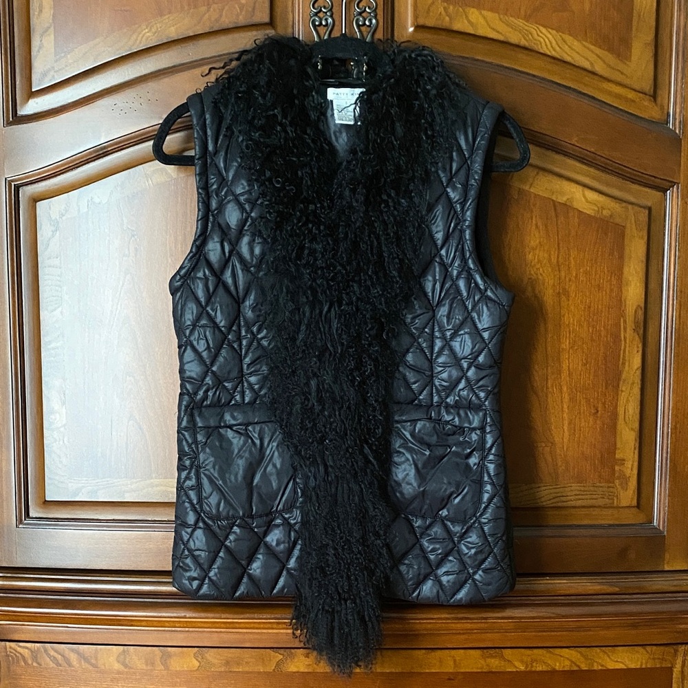 PATTY KIM Black Quilted Vest with Mongolian Lamb Fur Collar